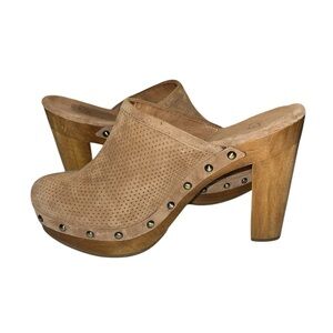 UGG 15 Minutes Chestnut Perforated Suede Platform Wood Heel Clogs - Size 8